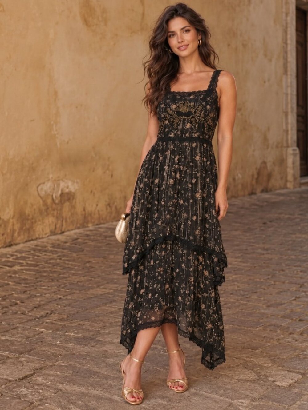 ZARA Dark Bohemian Chiffon Embroidered Floral High-Low Dress, Size M
